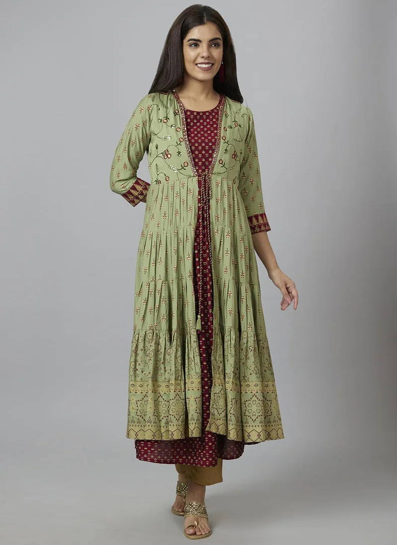 جلو باص Globus Women Olive Green & Maroon Ethnic Motifs Printed Layered Thread Work Festive Anarkali Kurta